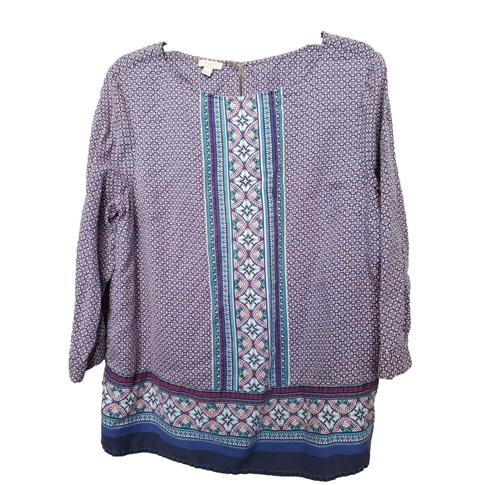 Talbots Tencel Medallion Scarf Print 3/4 Sleeve Keyhole Back Tunic Size Large